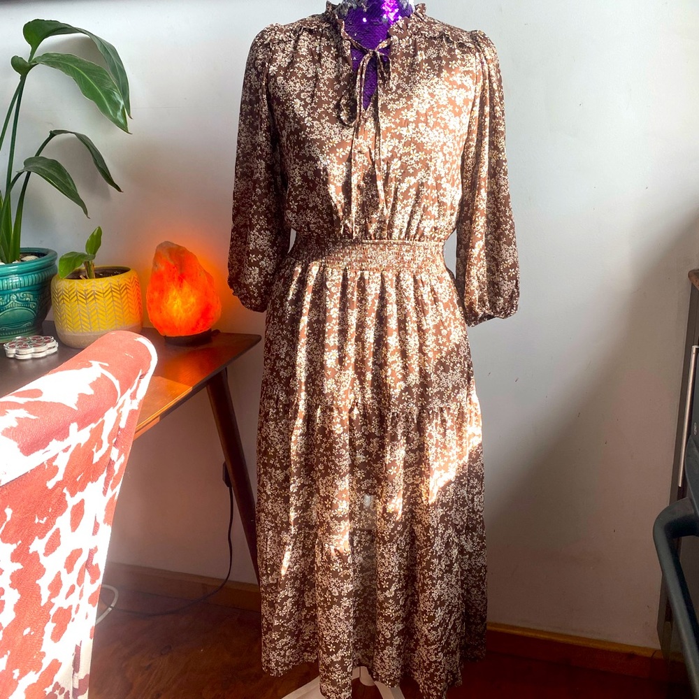Brown Floral Long-Sleeve Dress